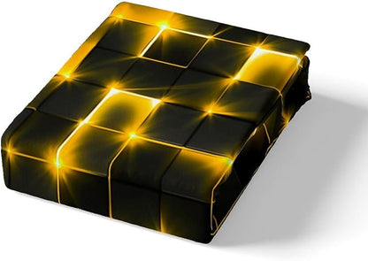Castle Fairy Bedding Set King Size for Teens,3D Modern Abstract Square Grid Comforter Cover with 2 Pillowcases,Golden Neon Light Geometric Print Duvet Cover Set Microfiber Quilt Cover