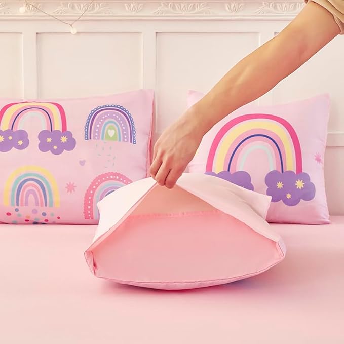ANGIYUIN 6 Pieces Full Size Kids Comforter Set for Girls Colorful Rainbow Bed in A Bag with Sheets Cute Cartoon Clouds, Stars, Love Hearts Printed Bedding Set for All Season, Pink, Full