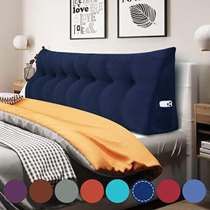 Wedge Headboard Pillow Dorm Room Reading Pillow Back Support for Sitting Up in Bed Bolster Lumbar Cushion Body Positioning Bedrest Corduroy (Navy Blue, King (76 * 8 * 20in))