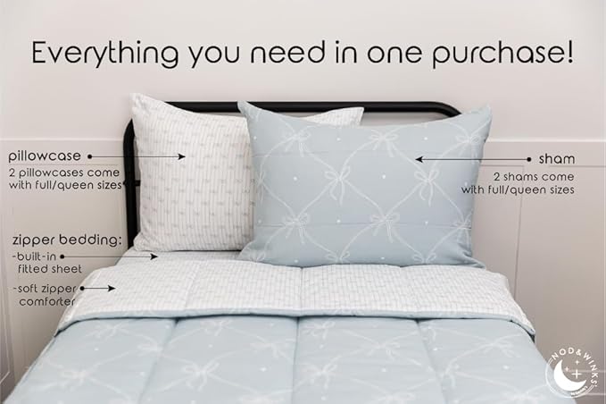 Beddy's Bow & Ribbon Themed Durable Zipper Bedding for Kids, Bed in a Bag, Baby Blue Comforter & White Pinstripe Sheets, Includes Pillowcase & Pillow Sham, Easy to Make & Wash