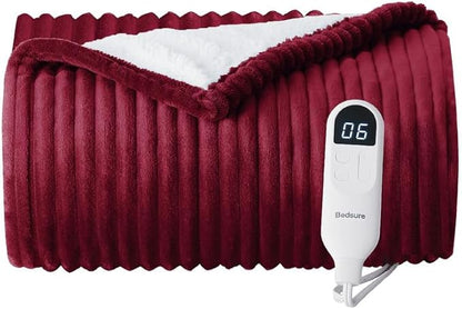 Bedsure GentleSoft Heated Blanket Throw - Soft Ribbed Flannel Electric Blanket, Heating with 4 Time Settings, 6 Heat Settings, and 3 hrs Timer Auto Shut Off, Gifts for Grandma (50x60 inches, Burgundy)
