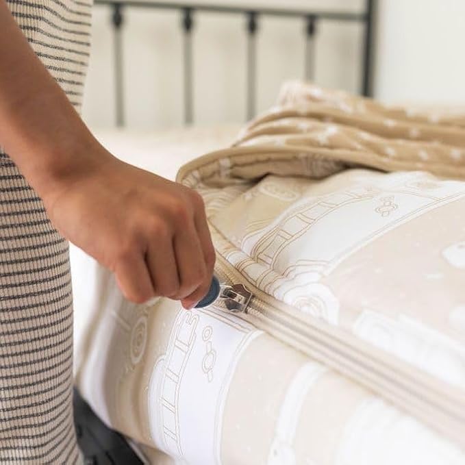 Beddy's Trucks Theme Boys Durable Zipper Bedding for Kids, Bed in a Bag, Tan Sheets & Comforter with Construction Trucks & Cars, Includes Pillowcase and Pillow Sham, Easy to Make and Wash