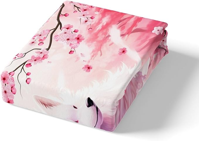 Fox Duvet Cover Set Queen Size,Pink Cherry Blossom Bedding Set 3Pcs,Wild Animals Plants Comforter Cover for Kids Girls Woman Adult Bedroom Decor,Japanese Style Romantic Quilt Cover,2 Pillowcases