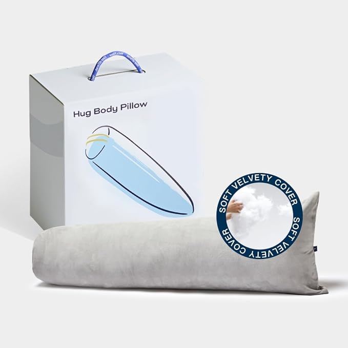 Vesta Hug Body Pillow, Cozy Velvety Cover, Ergonomic Twist Design for Shoulder, Back, and Leg Comfort, Perfect as Lumbar, Bolster, or Maternity Pillow, Generous Size for All - Cloud Grey (Pack of 1)