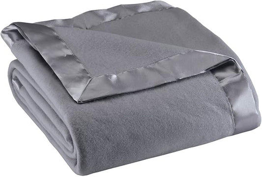 OakRidge Satin Fleece Blanket, Full/Queen, Twin or King Size – 100% Polyester Lightweight Fabric and Cozy Satin Binding Edges in Tightly Folding Travel Blanket, Grey