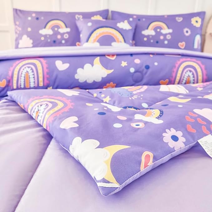 ANGIYUIN 6 Pieces Purple Twin Bedding Set Rainbow Bedding Set for Girls Love Hearts and Moon Design Kids Bed Set Soft Girl Bed in A Bag with Sheets, Purple, Twin