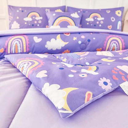 ANGIYUIN Purple Queen Size Comforter Set for Girls 6Pcs Kids Bed in A Bag Rainbow Bedding Comforter Set with Sheets Decorative Cloud, Love, Saleboat and Moon,Purple, Queen