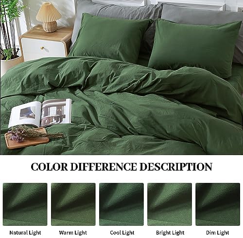 NEXHOME PRO Duvet Cover Set Super King Size, Linen Look Textured Organic Natural 100% Washed Cotton Duvet Cover Forest Green 3 Pieces Bedding Set with Zipper, Breathable(108"x98", No Comforter)