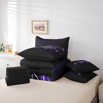Feelyou Dull Purple Race Car 7 Piece Bedding Set Twin Size for Kids Boys Extreme Sport Games Comforter Set with Sheets Teens Toddler Fast and Furious Bed in a Bag Cool Modern Bed Set