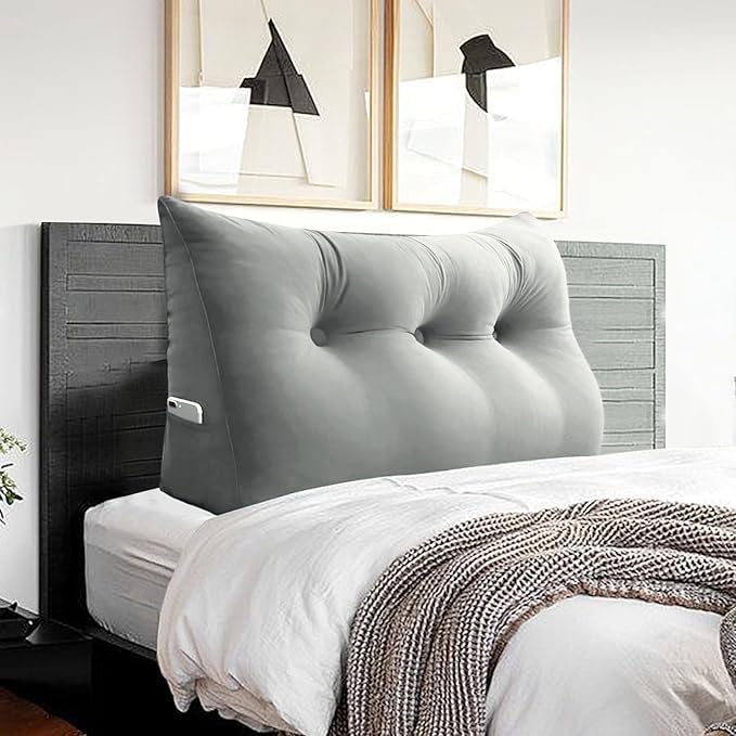 Headboard Pillow - 3 in 1 Large Bed Pillow as Wedge Reading Pillow, Large Couch Daybed Pillow or Positioning Support Backrest Back Cushion for Sitting in Bed Velvet Twin Gray