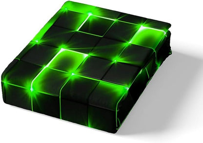 Castle Fairy Bedding Set King Size for Teens,3D Modern Abstract Square Grid Comforter Cover with 2 Pillowcases,Green Neon Light Geometric Print Duvet Cover Set Microfiber Quilt Cover