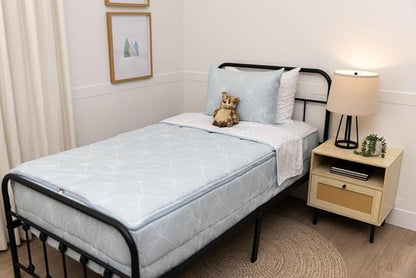 Beddy's Bow & Ribbon Themed Durable Zipper Bedding for Kids, Bed in a Bag, Baby Blue Comforter & White Pinstripe Sheets, Includes Pillowcase & Pillow Sham, Easy to Make & Wash