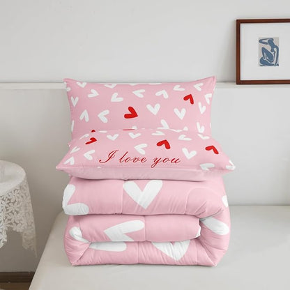 Feelyou Heart Comforter Set Twin Size Comforter for Boys Girls Teens Cute Bedding Set Kawaii Duvet Set Room Decor Pink Quilt Set
