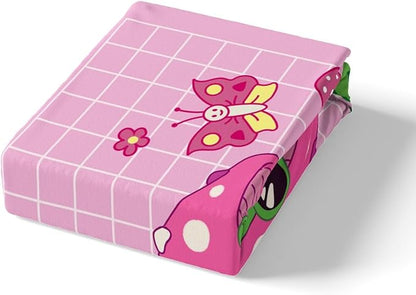 Castle Fairy Cute Mushroom Frog Duvet Cover Set ,Cartoon Kawaii Butterfly Animal Comforter with 2 Pillowcases,Pink Plaid Strawberry Moon Flowers Bedding for Girls Teens,Soft Microfiber,Full 80''x90''