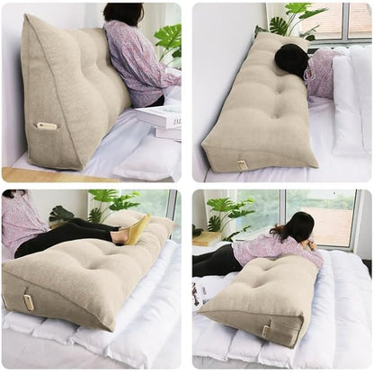 WOWMAX 85% Linen 15% Cotton Blend Headboard Pillow – King Size Reading Wedge Backrest for Bed, Handmade Firm Support Bolster Cushion with Removable Cover, Premium Bed Rest Pillow, Natural Color