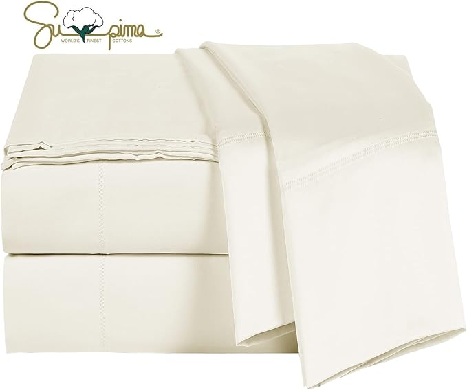 100% Supima Cotton Sheets 600 Thread Count,Bed Sheet Set King Size Sheets 4 Pieces,Soft & Silky Sateen Weave, Fits Mattress Up to 18",Deep Pocket, Breathable & Fade Resistant(Ivory,King)