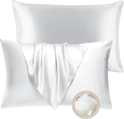 BHZ White Satin Goose Down Feather Pillows Queen Size Set of 2 with Pillowcase for Hair and Skin, Cooling Pillow Cases Similar to Silk Pillow Cases, Decorative for Women, Mom Men