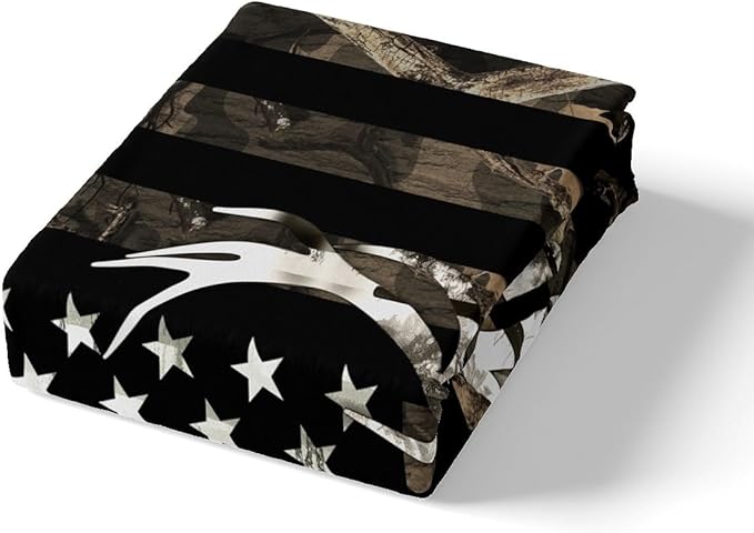 Camo American Flag Duvet Cover Queen Size, Deer Antlers Rustic Animal Hunting Print Bedding Comforter with 2 Pillowcases, Camouflage Stars Stripes Flag Trees Plant Bedding Set for Children Adult