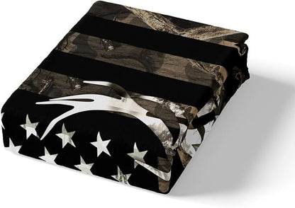 Camo American Flag Duvet Cover Queen Size, Deer Antlers Rustic Animal Hunting Print Bedding Comforter with 2 Pillowcases, Camouflage Stars Stripes Flag Trees Plant Bedding Set for Children Adult
