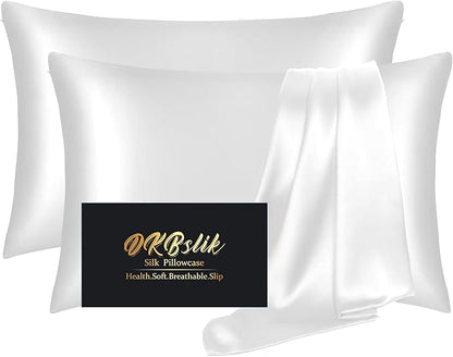 Silk Pillowcase 2 Pack, Mulberry Silk Pillow Cases Queen Size Set of 2, Anti Acne Silk Pillowcase for Hair and Skin, Natural Silk Satin Pillowcases Gifts for Women Men 2 Pack with Hidden Zipper, White