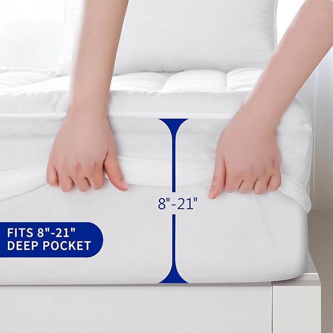 Full Size Quilted Fitted Mattress Pad Cover with Deep Pocket Fitted 8" - 21", Ultra Soft and Comfortable, Breathable (White, Full)