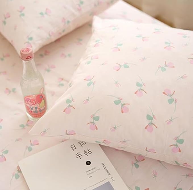 Floral Duvet Cover Queen Size Pink Flower Coquette Bedding Set 3 Pieces Kids Boys Girls Princess Style Green Botanical Reversible Ultra Soft Breathable Duvet Cover Set