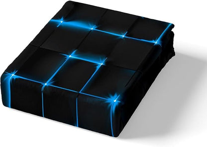 Castle Fairy Geometric Queen Duvet Cover Set, Abstract Plaid Square Grid Bedding Set for Boys Teens, Blue Neon Light Lines Modern Comforter Cover Breathable Black Bedspread Cover, 2 Pillowcases