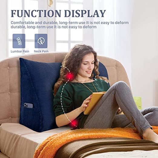 Wedge Headboard Pillow Dorm Room Reading Pillow Back Support for Sitting Up in Bed Bolster Lumbar Cushion Body Positioning Bedrest Corduroy (Navy Blue, Twin (39 * 8 * 20in))