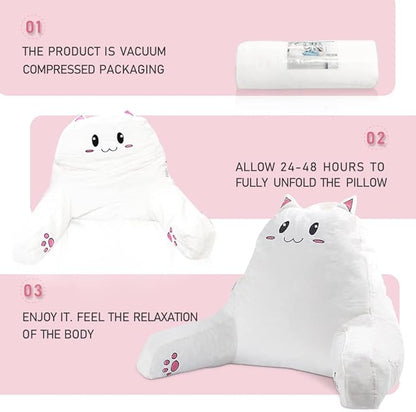SUNSIDE Kitty Reading Pillow for Sitting in Bed, Cute Back Pillows for Adult and Children, Shredded Memory Foam Pillow with Arms, Cat Design Bed Pillows, Back Support Pillow with Washable Cover