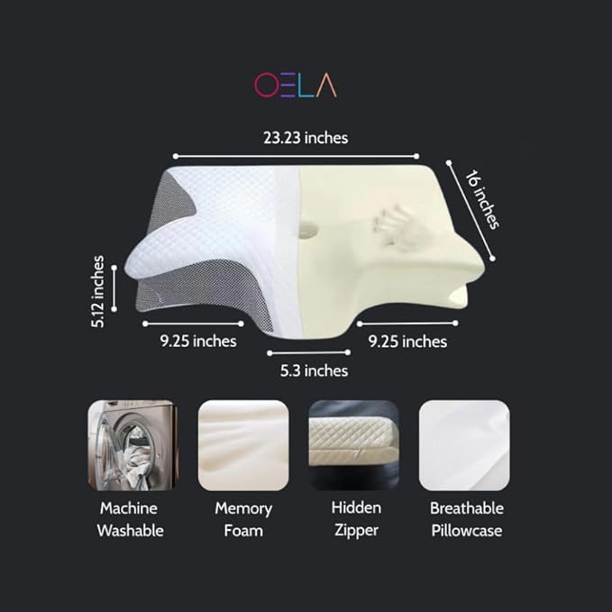 OELA Cervical Pillow for Neck Pain Relief - Orthopedic Premium Memory Foam, Ergonomic Shape Perfect for Side Sleeper, Back Sleepers, Stomach Sleepers, and Contoured Support for Better Sleep.