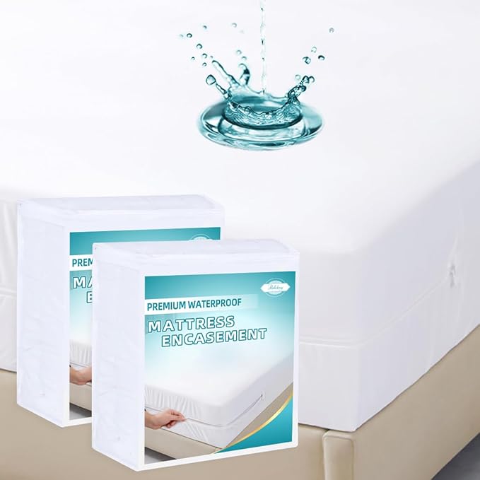 Queen Waterproof Zippered Mattress Encasement, Breathable, Noiseless, Machine-Washable Zipped Mattress Cover, Fitting 7" - 15" Deep Mattress 2 Pack