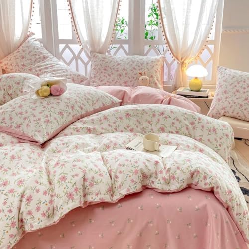 Floral Duvet Cover Full Size Spring Pink Floral Bedding Set 3Pcs Kids Boys Girls Botanical Garden Aesthetic Flower Coquette Comforter Cover with Zipper Closure and 2 Pillowcase
