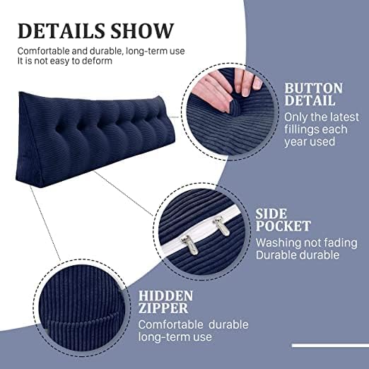 Wedge Headboard Pillow Dorm Room Reading Pillow Back Support for Sitting Up in Bed Bolster Lumbar Cushion Body Positioning Bedrest Corduroy (Navy Blue, King (76 * 8 * 20in))