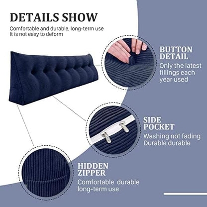 Wedge Headboard Pillow Dorm Room Reading Pillow Back Support for Sitting Up in Bed Bolster Lumbar Cushion Body Positioning Bedrest Corduroy (Navy Blue, King (76 * 8 * 20in))