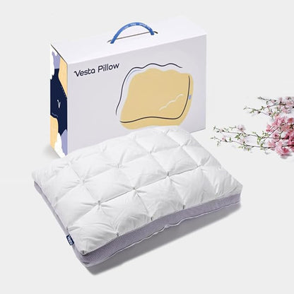 Vesta Hungarian Down Low Loft Pillow, 95% Goose Down Core, Baffle Boxe Design for Optimal Fluffiness, Ideal for Back & Stomach Sleepers, Low to Medium Profile (3.5" Height) & Soft - PlumZen