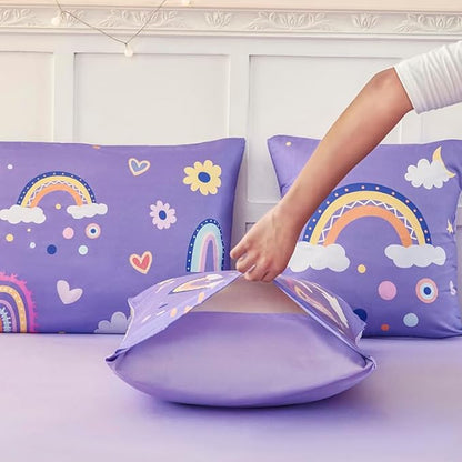 ANGIYUIN 6 Pieces Purple Twin Bedding Set Rainbow Bedding Set for Girls Love Hearts and Moon Design Kids Bed Set Soft Girl Bed in A Bag with Sheets, Purple, Twin