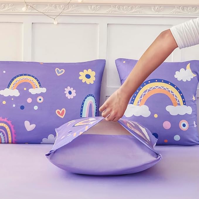 ANGIYUIN Purple Queen Size Comforter Set for Girls 6Pcs Kids Bed in A Bag Rainbow Bedding Comforter Set with Sheets Decorative Cloud, Love, Saleboat and Moon,Purple, Queen