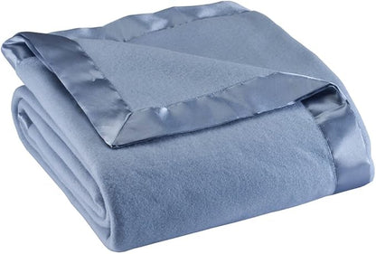 OakRidge Satin Fleece Blanket, Full/Queen, Twin or King Size – 100% Polyester Lightweight Fabric and Cozy Satin Binding Edges in Tightly Folding Travel Blanket, Blue