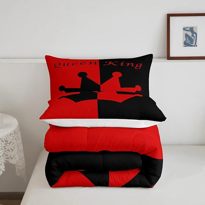 Crown Queen And King Comforter Soft Quilt Set,His And Hers Matching Couple Bedding Set for Girls Boys Teens, Romantic Valentine'S Day Black And Red Comforter Set Bedroom Collection 3Pcs Queen Size