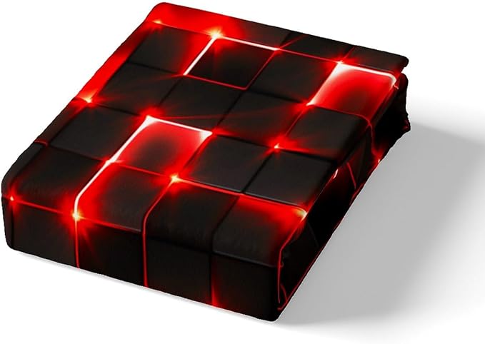 Castle Fairy Abstract Bedding Set Twin Size,3D Modern Cool Geometric Grid Square Comforter Cover Set for Kids Girls,Shiny Red Neon Light Black Bedding Quilt Cover Set Bedroom Decor, 2 Pcs