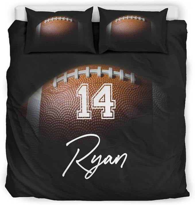 Personalized American Football Bedding Set, Kids 3 Piece Duvet Cover Set with Pillow Shams for Teens Boys, NO Comforter, Twin Size for Rugby Lovers (Football 05)