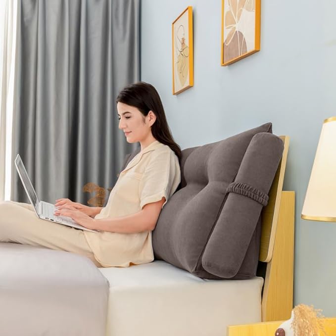 Triangular Reading Bed Rest Pillow Large Bolster Cushion Headboard Backrest Wedge Pillow with Two Detachable Roll Pillows for Neck & Lumbar Support (Cedar Brown, King: 77 x 8 x 20 inches)