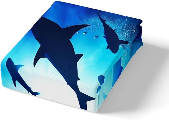 Castle Fairy Shark Dolphin Fish Silhouette Comforter Cover,Blue Deep Ocean Themed Duvet Cover for Girls Teens Decorative Bedroom,Underwater World Polyester Quilt Cover with 2 Pillowcases, Full Size