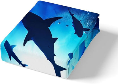 Castle Fairy Shark Dolphin Fish Silhouette Comforter Cover,Blue Deep Ocean Themed Duvet Cover for Girls Teens Decorative Bedroom,Underwater World Polyester Quilt Cover with 2 Pillowcases, Full Size