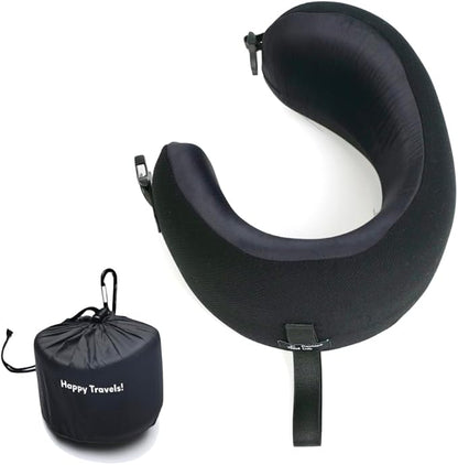 C CUSHION LAB Extra Support Travel Pillow, Award-Winning Patented Ergonomic Design for Chin & Neck Support Memory Foam Neck Pillow, Compact Airplane Pillow for Traveling, Flight, Car (Black, Medium)