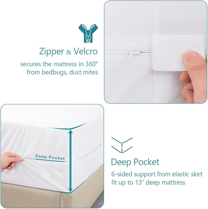 Queen Waterproof Zippered Mattress Encasement, Breathable, Noiseless, Machine-Washable Zipped Mattress Cover, Fitting 7" - 15" Deep Mattress 2 Pack