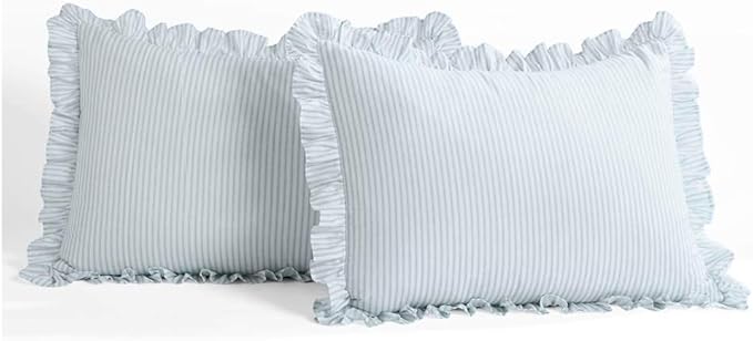 Lush Decor Ticking Stripe Bedspread Queen Size 3 Piece Set Lake Blue - Ruffle Bedding Set Queen Bedspreads - Striped Bedding - Farmhouse & Coquette Decor