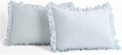 Lush Decor Ticking Stripe Bedspread Queen Size 3 Piece Set Lake Blue - Ruffle Bedding Set Queen Bedspreads - Striped Bedding - Farmhouse & Coquette Decor