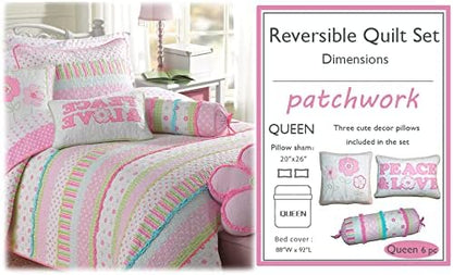 Cozy Line Home Fashions Pink Ruffle Flowers Polka Dot Girl 100% Cotton Reversible Quilt Bedding Set, Coverlet, Bedspread for All Seasons (Queen - 6 Piece)