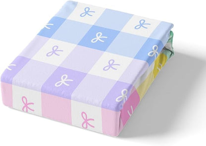 Girls Bowknot Duvet Cover Set Queen Size Colorful Bow Tie Bedding Set for Kids Girly Woman Room Decor Cartoon Watercolor Geometric Lattice Reversible Quilt Cover with 2 Pillowcases (No Comforter)
